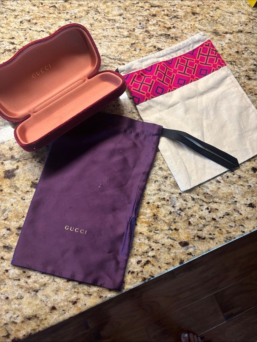 Designer Gucci Velvet Eyewear Case Gucci Plum Dust Bag and Tory Burch dust bag